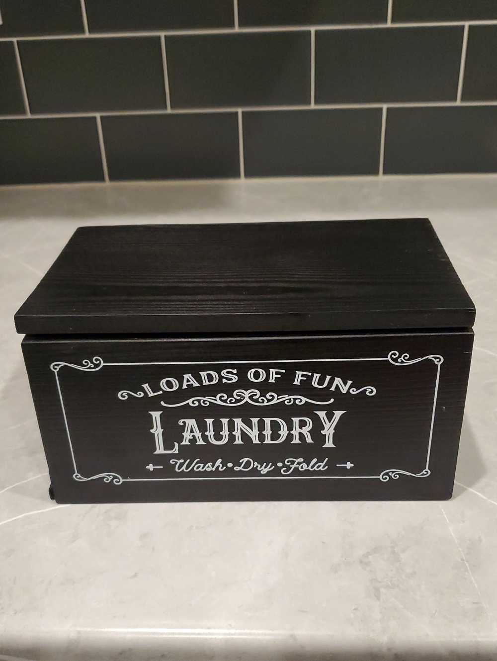 Black Decorative Laundry Dryer Sheet Wooden Box - "Loads of Fun"